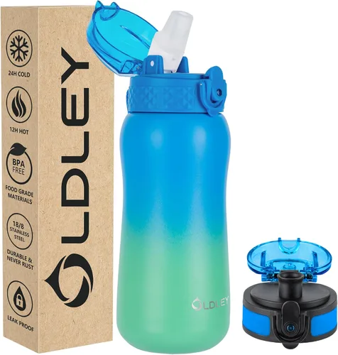 Vista 48 de Botella de agua aislada Oldley de 12 oz con pajita, botella de agua de acero inoxidable con 2 tapas, botellas de doble pared con vacío para adultos