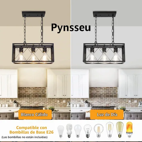 Vista 3 de Pynsseu - Iluminación colgante para isla de cocina industrial, rectangular, estilo vintage rústico, lámpara colgante de 3 luces, para cocinas