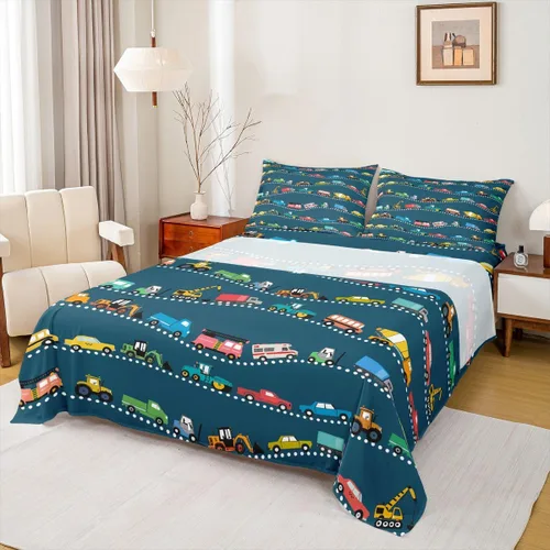 Vista 19 de Erosebridal Juego de sábanas de automóvil de dibujos animados para niños, juego de ropa de cama de camiones, tamaño individual, sábana bajera