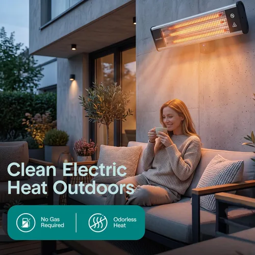 Vista 6 de SereneLife - Calentador de patio con infrarrojos, calentador eléctrico de pared con control remoto, 1500W, aprobado IP65, sin olor, para interiores