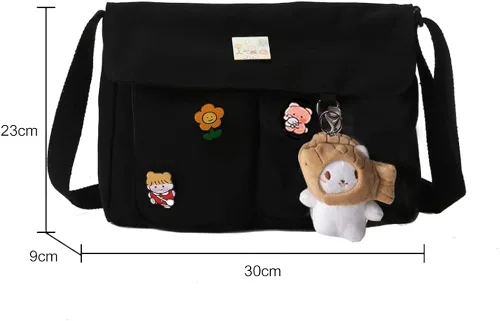 Vista 6 de Bolso cruzado de lona con alfileres Kawaii y colgante para mujeres y niñas bolso de mensajero casual para estudiantes mochila escolar