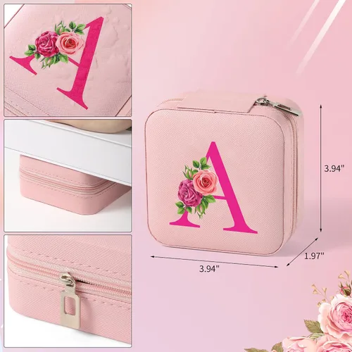 Vista 4 de Parima Joyero de viaje rosa con flores Organizador de aretes, collares, anillos con espejo Regalos para mujeres y niñas Joyero personalizado