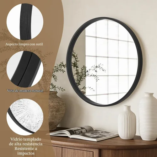 Vista 4 de WallBeyond Espejo redondo negro de madera de 24 pulgadas, espejo de pared circular para baño, espejo de pared redondo para decoración de pared