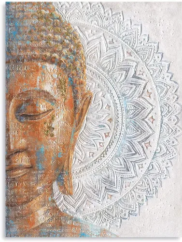 Vista 10 de Lienzo de Buda dorado para la pared: 3D texturizado mandala flor flor Buddha pintura Zen impresión en azul para yoga, meditación, sala de Buda