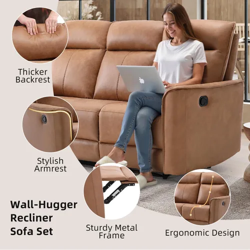 Vista 4 de CANMOV Juego de muebles de sofá reclinable manual para sala de estar, incluye sillas de enfermería Leathaire, reclinables giratorias, sillón