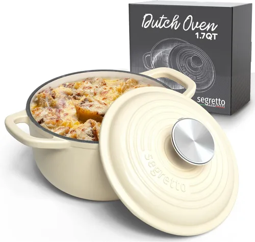 Vista 22 de Segretto Cookware Horno holandés ovalado de hierro fundido esmaltado, 7 cuartos de galón blanco Bianco Perla (Off-White)