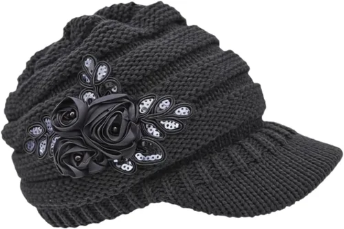 Vista 13 de C-US Gorro de invierno para mujer de punto con ala tejida y visera con detalle de flor Negro