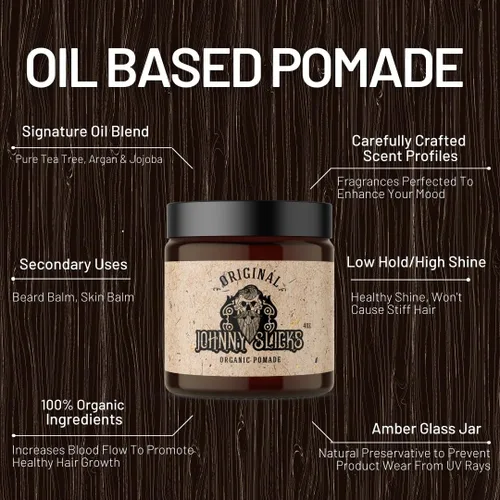 Vista 5 de Johnny Slicks Pomada a base de aceite Peinado orgánico para hombres, fijación baja a media Promueve el crecimiento saludable del cabello y ayuda