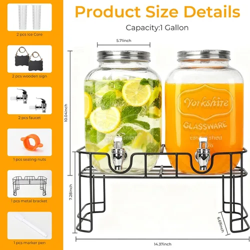 Vista 2 de Dispensador de vidrio de bebida de 1 galón para fiestas, paquete de 2, dispensador de bebidas de vidrio con grifo y cubierta de hierro y soporte