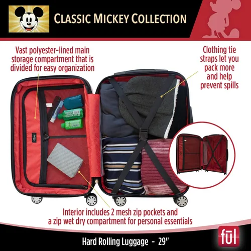 Vista 4 de FUL Disney Mickey Mouse - Maleta rígida con ruedas giratorias, Negro -, Disney Mickey Mouse - Maleta rígida con ruedas giratorias