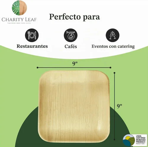 Vista 4 de Platos cuadrados desechables de hoja de palma Charity Leaf de 9" (22.86 cm) (50 piezas) Platos de servir tipo bambú, tablas desechables, vajilla