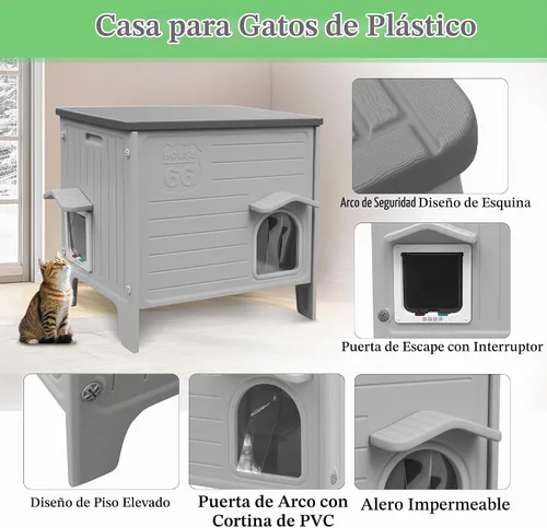 Vista 5 de Deblue Casa de Gatos al Aire Libre Resistente a la Intemperie de Plástico con Puerta de Escape para Gatos Interiores Impermeables Refugio para Gatos