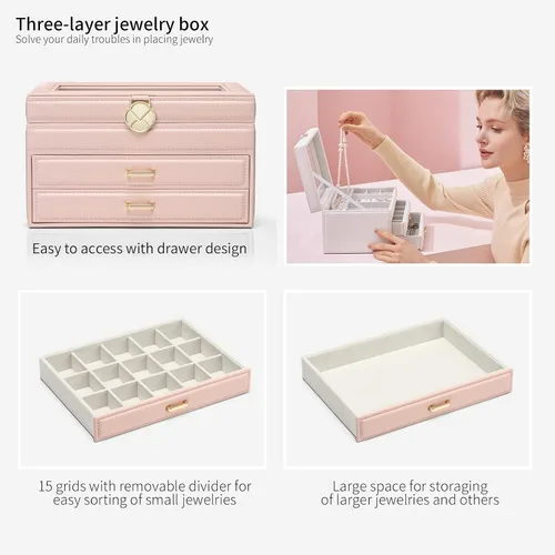 Vista 2 de Vlando Joyero para niñas y mujeres, organizador de joyas con tapa de vidrio con 2 cajones para regalos, almacenamiento grande de 3 capas
