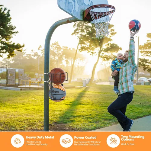 Vista 5 de Soporte de baloncesto al aire libre – Estante de almacenamiento vertical resistente para bolas de metal, soporte de baloncesto de montaje en poste