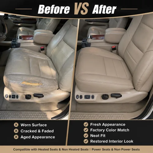 Vista 4 de GXARTS Funda de Asiento de Reemplazo de Cuero para Conductor y Pasajero, Parte Inferior, TAN 4H 8H, Compatible con Ford F250 F350 F450 F550 Super