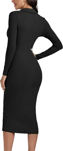 Vista 2 de LYANER Vestido midi ajustado de manga larga con cuello en V y cuello en V para mujer