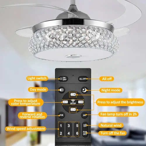 Vista 3 de Lámpara de techo invisible de 42 pulgadas con luz y altavoz Bluetooth, moderna lámpara de ventilador de techo de cristal de 3 colores con control