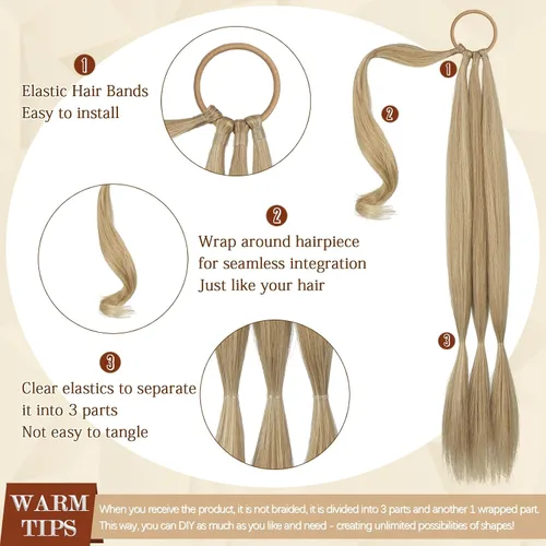 Vista 2 de SOFEIYAN Extensión de cola de caballo trenzada larga con banda elástica y mechón liso envolvente, extensiones de cabello naturales suaves