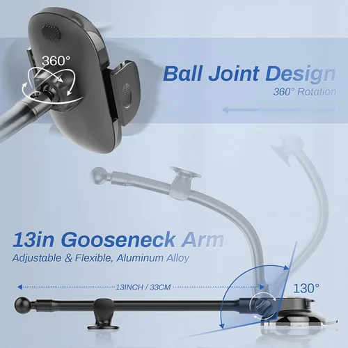 Vista 3 de OQTIQ Soporte para teléfono de automóvil de cuello de cisne de 13 pulgadas, soporte para parabrisas y tablero con ventosa fuerte, estabilizador