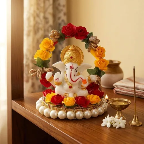 Vista 6 de eCraftIndia Lord Ganesha Idol en plato decorativo hecho a mano para el hogar y el automóvil
