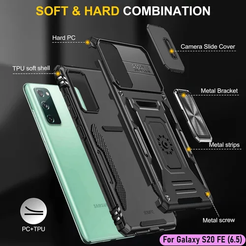 Vista 3 de Funda resistente para Samsung Galaxy S20 FE (5G), protección híbrida de goma de doble capa de grado militar con protector de cámara deslizante