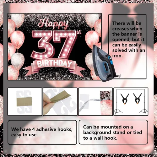 Vista 321 de Cartel de feliz cumpleaños décimo oro rosa, telón de fondo, saludos a 10 años, globos de confeti, decoración temática para niñas de 10 años