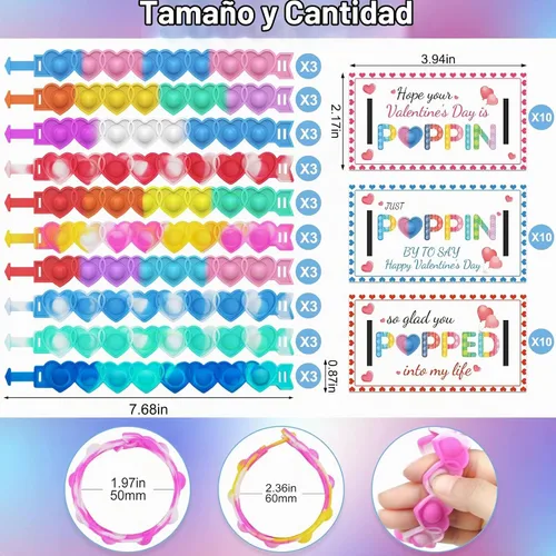 Vista 2 de AYGXU 30 regalos para el día de San Valentín. Tarjetas de San Valentín para el aula y la escuela. Pulseras POP de corazón. Tarjetas de intercambio