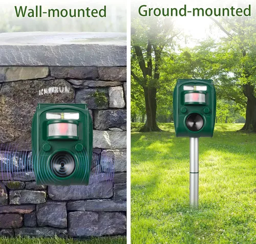 Vista 6 de Repelente solar ultrasónico de animales al aire libre, disuasorio de ardillas para gatos, perros y ciervos activado por movimiento, con luz