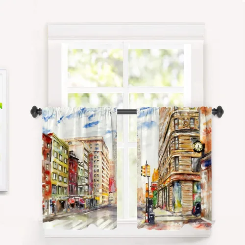 Vista 111 de Cortinas opacas de cocina con pintura al óleo de Europa rosa y negra para ventanas, cenefas opacas modernas de torre Eiffel de poliéster multicapa