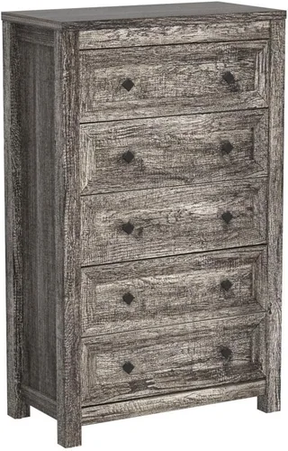 Vista 5 de VanAcc - Cómoda de granja de 5 cajones, cómoda para dormitorio, color gris Cómoda de madera natural de 47 pulgadas de alto, amplio almacenamiento