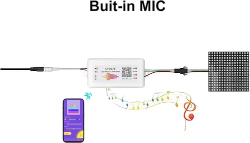 Vista 4 de SP107E Controlador de tira LED Bluetooth, controlador LED de música con AUX y micrófono - Compatible con WS2811 WS2812B SK6812-RGBW APA102 DMX512