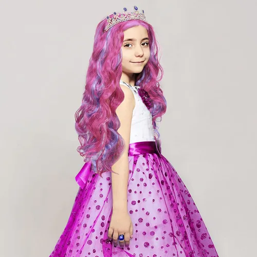 Vista 5 de Conjunto de disfraz de princesa, peluca larga ondulada rosa y azul claro mixta con red para el cabello, corona de princesa azul rey, anillo