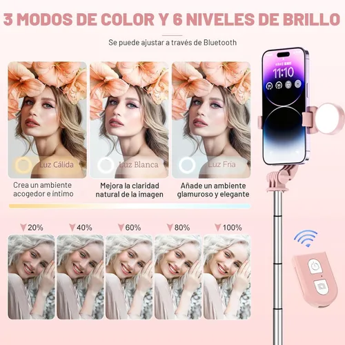 Vista 5 de Palo selfie con control remoto recargable y luz (1 unidad), trípode para iPhone, soporte de teléfono celular para grabación de video, accesorios