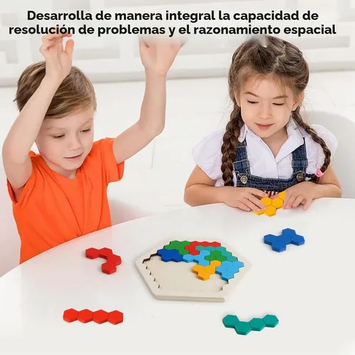 Vista 4 de Wooden Hexagon Blocks Puzzle, STEM Montessori Brain Teaser for Kids Adults