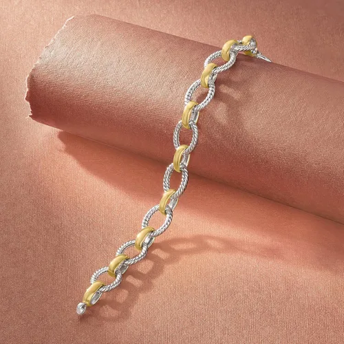 Vista 4 de Ross-Simons Pulsera de eslabones ovalados retorcidos de plata de ley de dos tonos. 8 pulgadas, Plata Esterlina