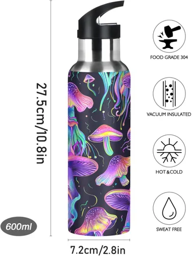 Vista 9 de Insulated Stainless Steel Water Bottle with Straw 32 Oz, Leakproof Water Bottles for Gym Outdoor Travel School, Psychedelic Mushrooms Purple