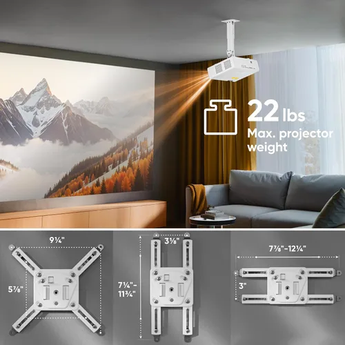 Vista 2 de ONKRON - Soporte de techo para proyector, máximo 22 libras, soporte universal, color blanco Projector mount with 11.4-15.3" height adjustable arm
