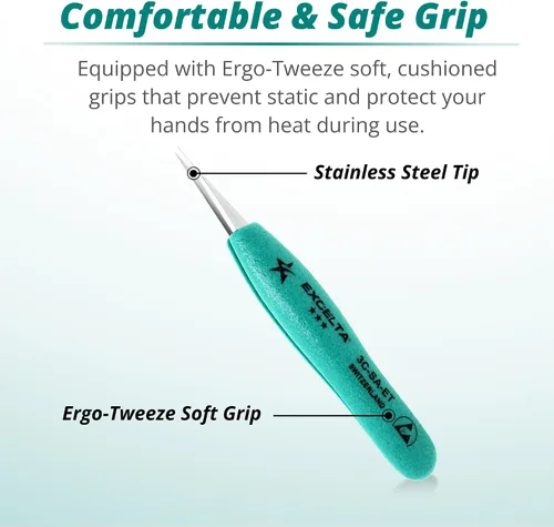 Vista 3 de Excelta 3C-SA-ET Pinzas de precisión puntiagudas rectas muy finas, agarre suave con protección TealShield Ergo-Tweeze, acero inoxidable