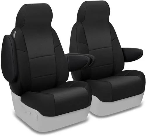 Vista 19 de Coverking Funda para asientos delanteros con ajuste personalizado, 50/50, estilo Neosupreme (gris con bordes negros), para modelos selectos de Ford