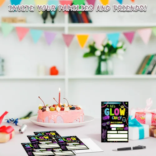 Vista 4 de Invitaciones de fiesta de cumpleaños con neón y brillo, 20 unidades. Invitaciones temáticas de cumpleaños "Let's Glow Crazy" con sobres - HBYQK-B02