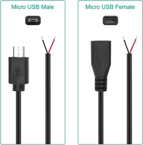 Vista 2 de Cable micro USB macho hembra a 2 extremos de cable abiertos, conector USB 2.0 a 2 cables, cable de extensión de cable de alimentación, conector