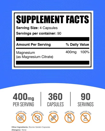 Vista 2 de BulkSupplements.com Cápsulas de citrato de magnesio - Suplemento de magnesio, citrato de magnesio 400mg - Sin gluten, 4 cápsulas por porción, 360