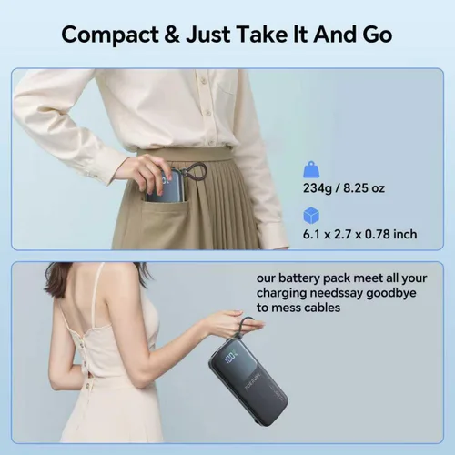 Vista 6 de Cargador portátil de 10000 mAh con dos cables y enchufe de pared Two Built-in Cables and AC Wall Plug Led Display.USB-C Fast Charging Compatible