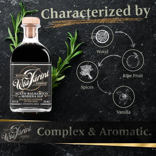 Vista 2 de Via Farini Black Label Aceto Balsamico Di Modena IGP Envejecido (12 años) Vinagre de vino balsámico italiano artesano 8.45 onzas líquidas