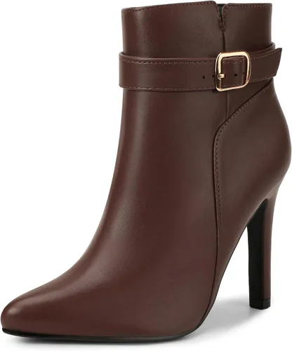 Vista 10 de IDIFU Dana - Botines de tacón de aguja alto con punta puntiaguda para mujer, botas cortas con cremallera lateral y hebilla de metal Poliuretano negro