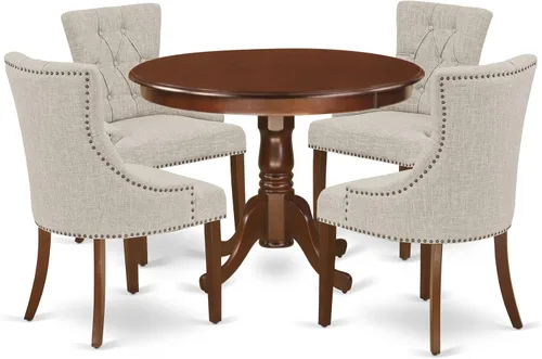 Vista 15 de East West Furniture HLFR3-LWH-18 - Juego de mesa y sillas de cocina de 3 piezas contiene una mesa redonda de comedor con pedestal y 2 sillas Parson