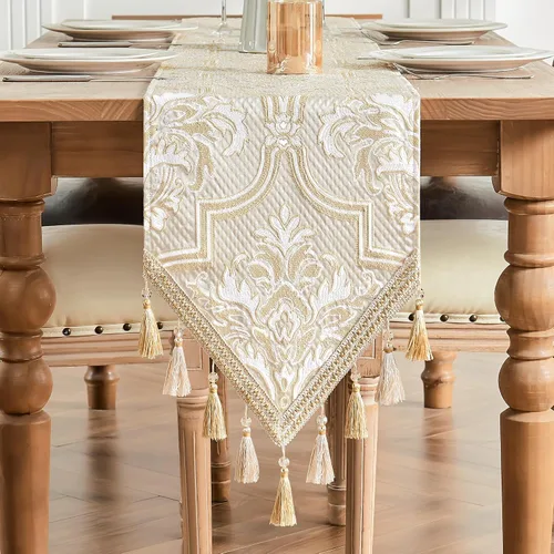 Vista 17 de Loom and Mill Camino de mesa de damasco de lujo de 13 x 72 pulgadas, elegante camino de mesa de comedor de tela jacquard con múltiples cuentas
