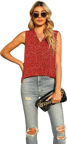 Vista 3 de QUEZHU Blusa de verano sin mangas de gasa para mujer, holgada, casual, cuello en V, blusa