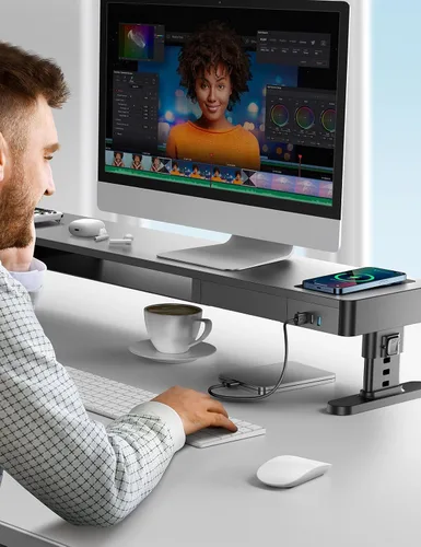 Vista 6 de meatanty Soporte de Monitor Doble con 4 Alturas Ajustables, Almohadilla de Carga Automática para Teléfono, 4 Puertos USB, Elevador de Computadora