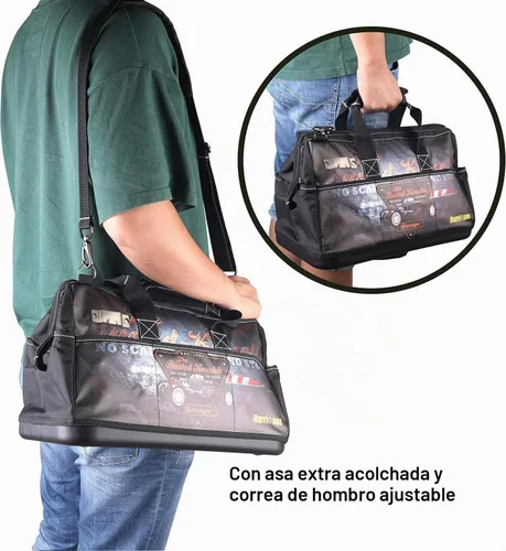 Vista 5 de Busted Knuckle Garage bolsa de herramientas portátil de 16 pulgadas con boca ancha, 21 bolsillos, gran espacio interior y base impermeable